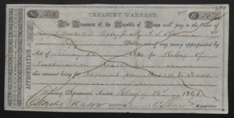 Republic of Texas Treasury Warrant to Henry L. Weeks, W. Ripley, and A. S. Thurmond