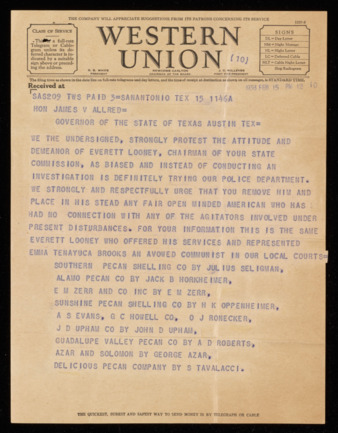 Telegram from pecan shelling companies to Governor James V. Allred, 1938 February 15