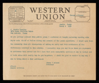 Telegram from Governor James V. Allred to J. Austin Beasley, 1938 March 5