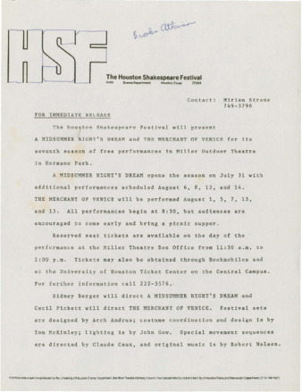 Houston Shakespeare Festival, 1981 season program flier