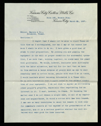 Letter regarding Witten McDonald’s planned visit to Texas