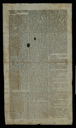 Broadside detailing the account of “McCullock’s Fight at Ashwood Landing, and Battle at Milliken’s Bend,” including a list of casualties