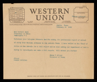 Telegram from Governor James V. Allred to Cordell Hull, 1938 February 19