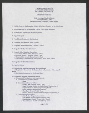 Twenty-ninth Senate, University of Houston, Students' Association, Order of Business, Tenth Meeting, October 5, 1992