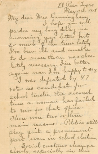 Letter from Belle C. Critchett to Mrs. Cunningham, providing results of El Paso School Board Elections