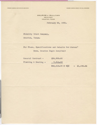 Houston Negro Hospital Nurses' Home, expenses document from Maurice J. Sullivan
