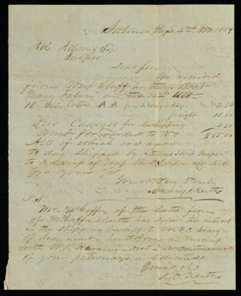 Letter from Abel Adams with receipt of items purchased from Craig Keith