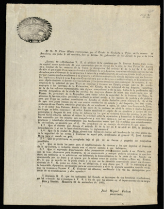 Broadside text of letter by the Representatives of the State of Coahuila and Texas regarding Austin’s meeting with Santa Anna