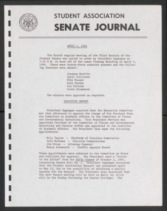 Senate Journal, Third Senate, University of Houston Student Government Association, Minutes, Fourth Meeting, April 4, 1966