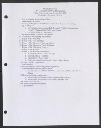 Order of Business [Agenda], 16th Meeting of the 45th Administration, November 12, 2008