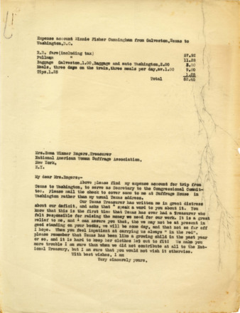 Expense account Minnie Fisher Cunningham from Galveston, Texas to Washington, D. C.