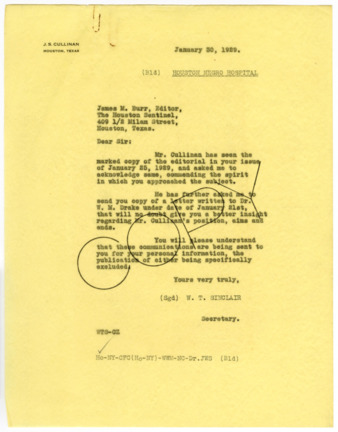 Letter from W. T. Sinclair to James M. Burr, 1929 January 30