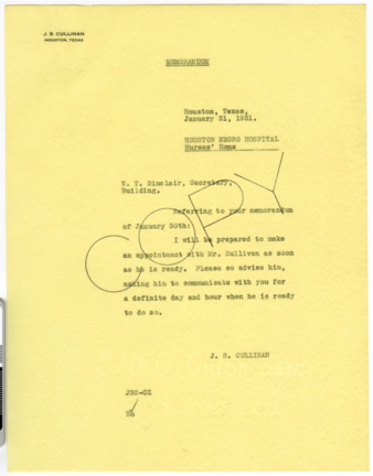 Memorandum from J. S. Cullinan to W. T. Sinclair, 1931 January 31