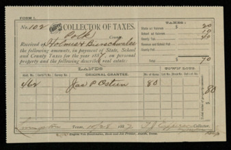 Receipt for taxes paid by Holmes and Bienschwall on land originally owned by J. P. Osteen