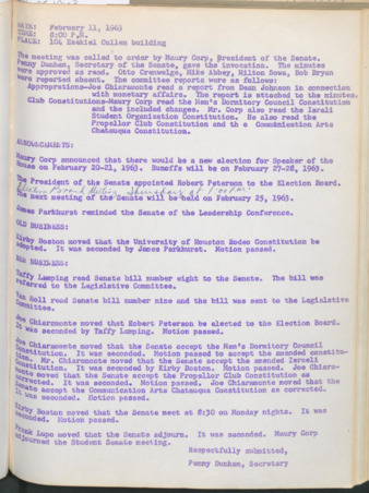 Hardbound Senate Journal, Student Senate, Minutes, February 11, 1963
