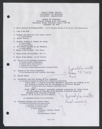 Thirty-third Senate, University of Houston, Students' Association, Order of Business, Thirteenth Meeting, September 18, 1996