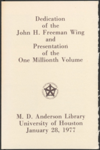 Dedication of the John H. Freeman Wing and Presentation of the One Millionth Volume program 