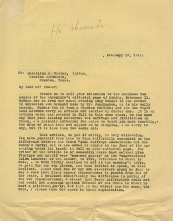Letter from Minnie Fisher Cunningham to Mr. Marcellus E. Foster, Editor of Houston Chronicle
