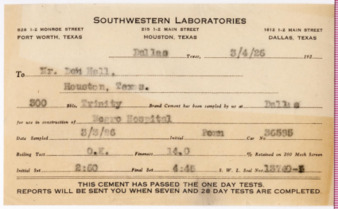 Southwestern Laboratories one day cement test card, 1926 March 4