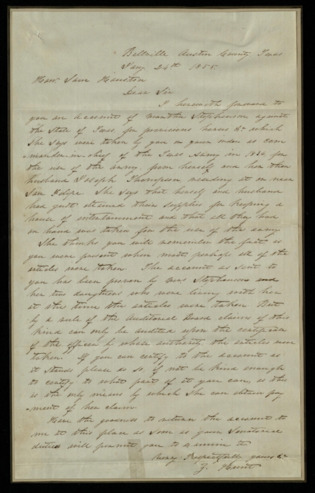 Letter from Zimri Hunt to Sam Houston regarding the account of Martha Stephenson v. Texas