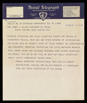 Telegram from Donald Henderson & J. E. Crossland to Governor James V. Allred, 1938 February 10