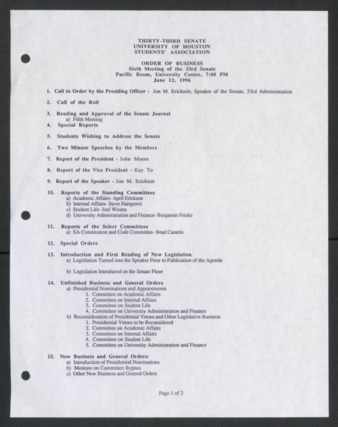 Thirty-third Senate, University of Houston, Students' Association, Order of Business, Sixth Meeting, June 12, 1996