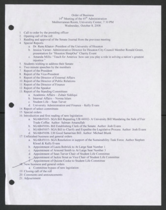 Order of Business [Agenda], 14th Meeting of the 45th Administration, October 8, 2008