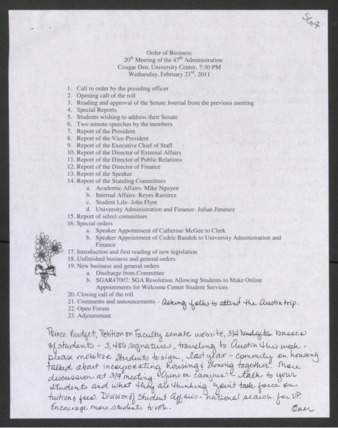 Order of Business, 20th Meeting of the 47th Administration, February 23, 2011