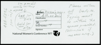 National Women's Conference 1977 badge information card
