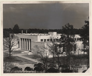 Rooftop exterior view of the red wing entrance to the original M.D. Anderson Library building