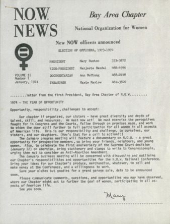 NOW News Bay Area Chapter, Vol. 2, No. 1, January 1974