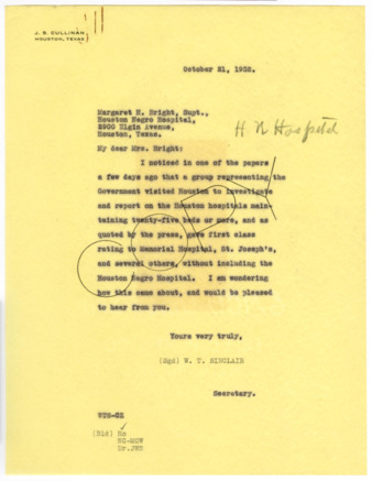 Letter from W. T. Sinclair to Margaret H. Bright, 1932 October 21
