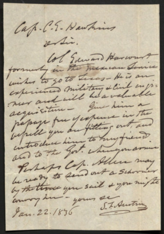 Letter from Stephen F. Austin  to C. E. Hawkins requesting free passage for Colonel Edward Harcourt