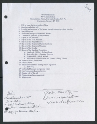 Order of Business [Agenda], Senate Meeting of the 44th Administration, February 27, 2008