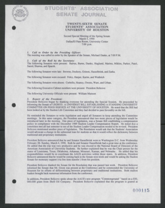 Senate Journal, Vol. 1, Twenty-sixth Senate Students' Association, University of Houston, Second Special Meeting, Spring Senate, March 5, 1990