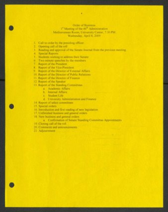 Order of Business [Agenda], 1st Meeting of the 46th Administration, April 8, 2009