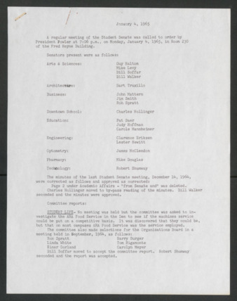 First Senate, Students' Senate Association, University of Houston, Meeting Minutes, January 4, 1965