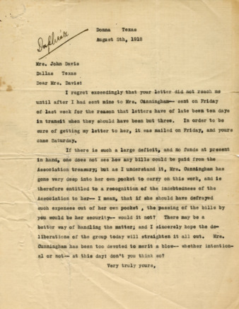 Letter sent to Mrs. John Davis, regarding expenses of the Texas Equal Suffrage Association