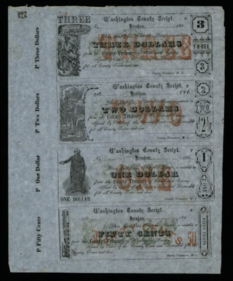 Two pages with four printed promissory notes for: 50 cents, $1, $2, and $3