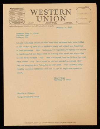 Telegram from Edward Clark to Governor James V. Allred, 1938 February 14