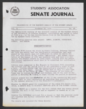 Senate Journal, Eleventh Senate, University of Houston Student Government Association, Minutes, Vol. 11, No. 26, November 25, 1974